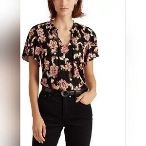 Lauren Ralph Lauren Black Pink Floral Split V Neck Short Sleeve Blouse Large
